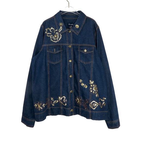 Denim & Co. 1990s Vintage Embellished Denim Jacket Jean Jacket Beaded Sequin XL - Picture 1 of 7